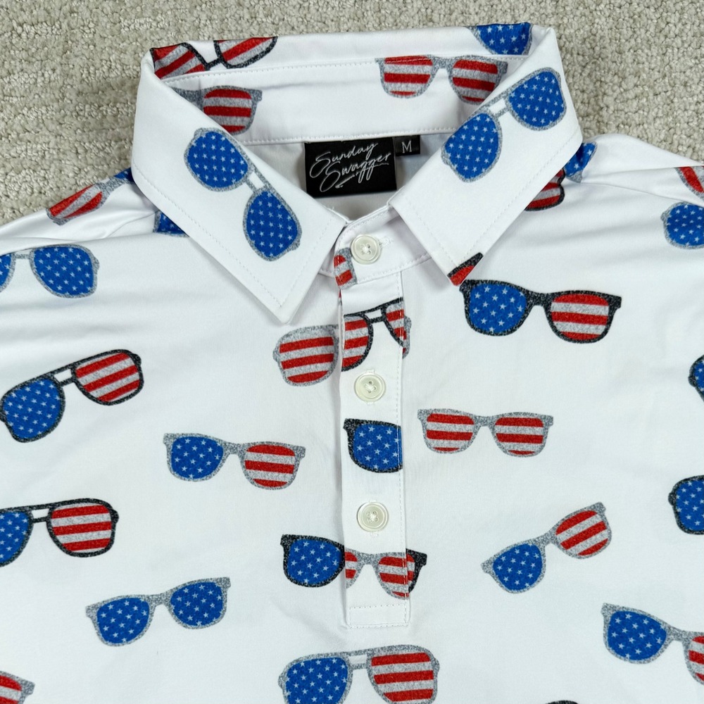 Sunday Swagger Mens Medium White USA Flag Sunglasses Performance Golf Polo Shirt